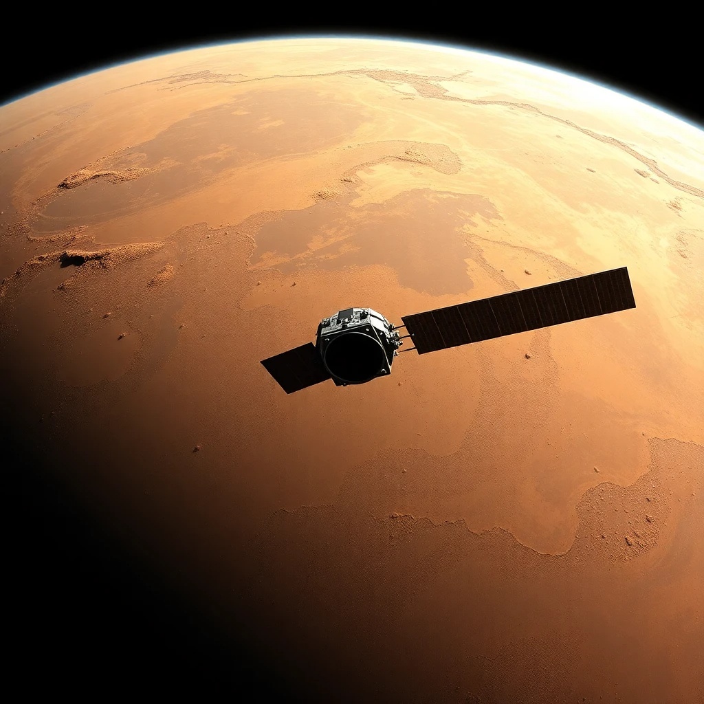 Una representación artística de Mars Global Surveyor orbitando Marte.