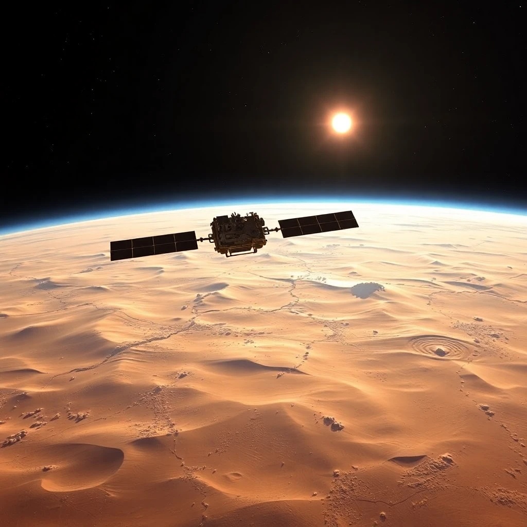 Una representación artística de Mars Odyssey sobrevolando el polo sur de Marte.