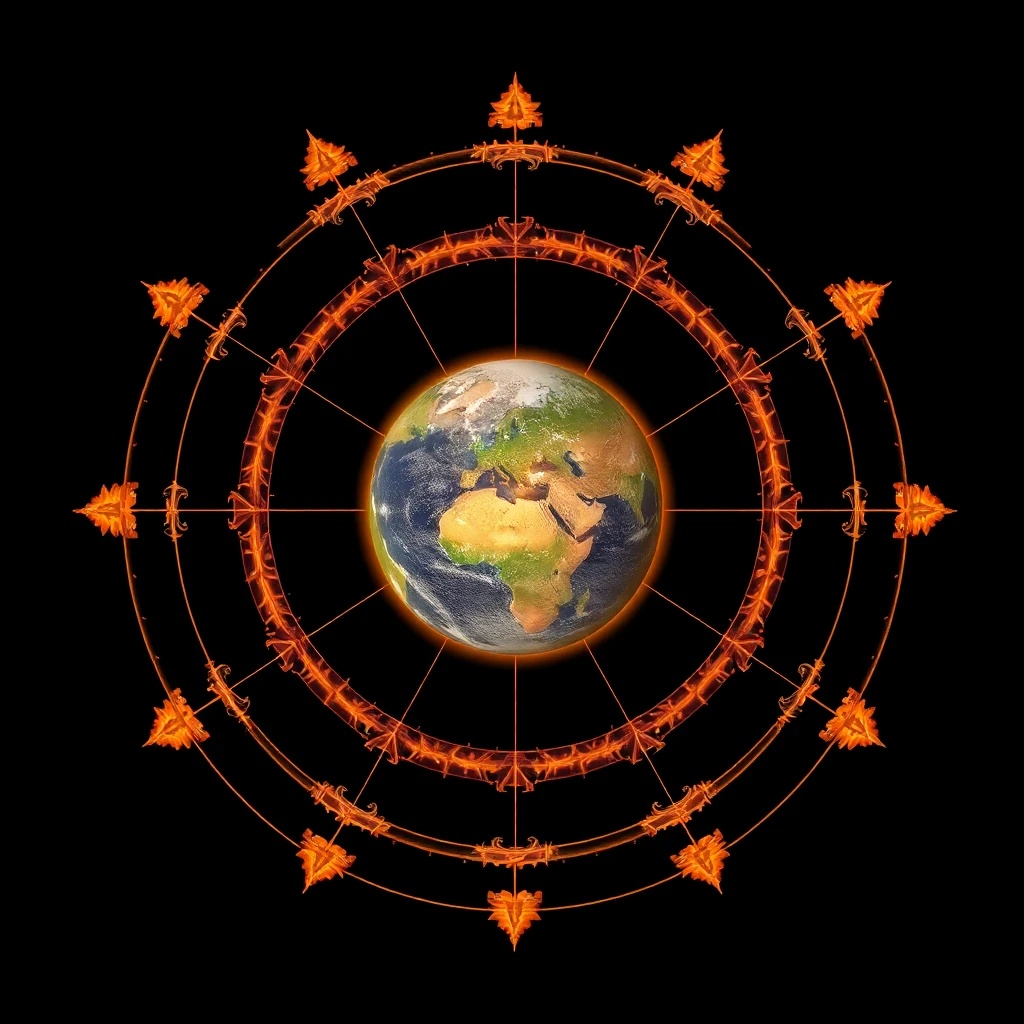 Una representación artística del modelo del universo de Anaximandro, mostrando la Tierra cilíndrica suspendida en el centro rodeada de ruedas de fuego con agujeros para el Sol, la Luna y las estrellas.