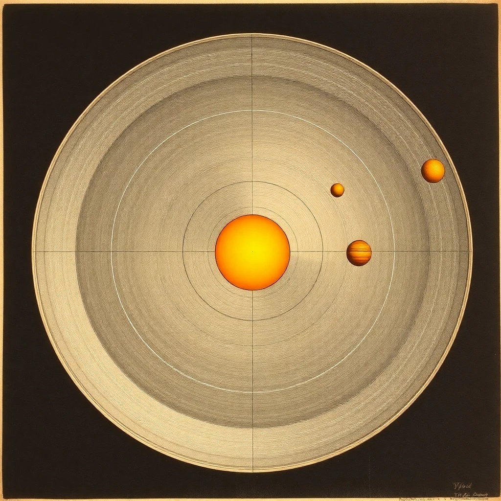 Un diagrama del modelo geo-heliocéntrico de Tycho Brahe, mostrando la Tierra en el centro con el Sol girando a su alrededor, y los otros planetas girando alrededor del Sol.