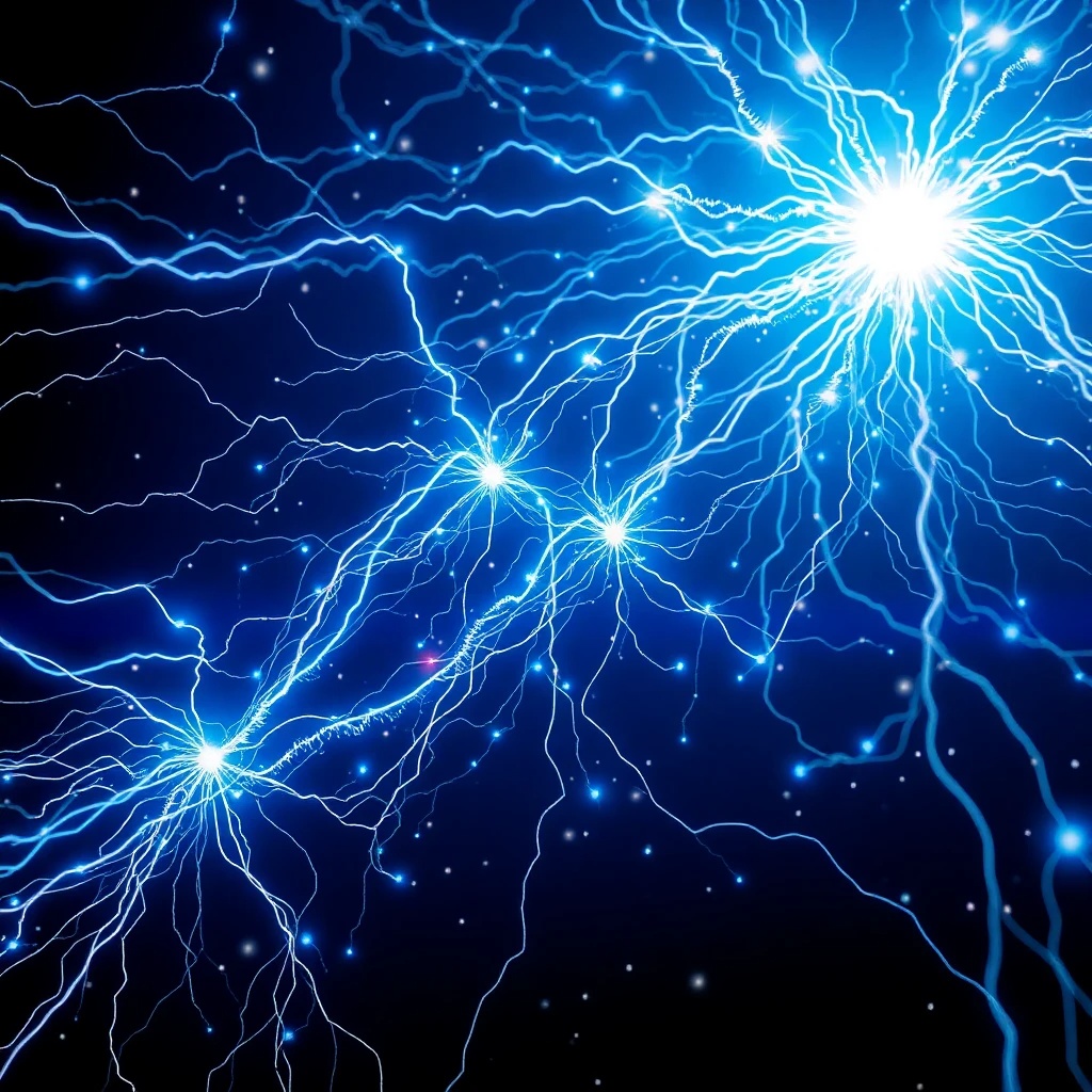 Una representación artística de filamentos cósmicos con corrientes eléctricas fluyendo a través de ellos, enfatizando el papel de la electricidad en la estructura del universo.