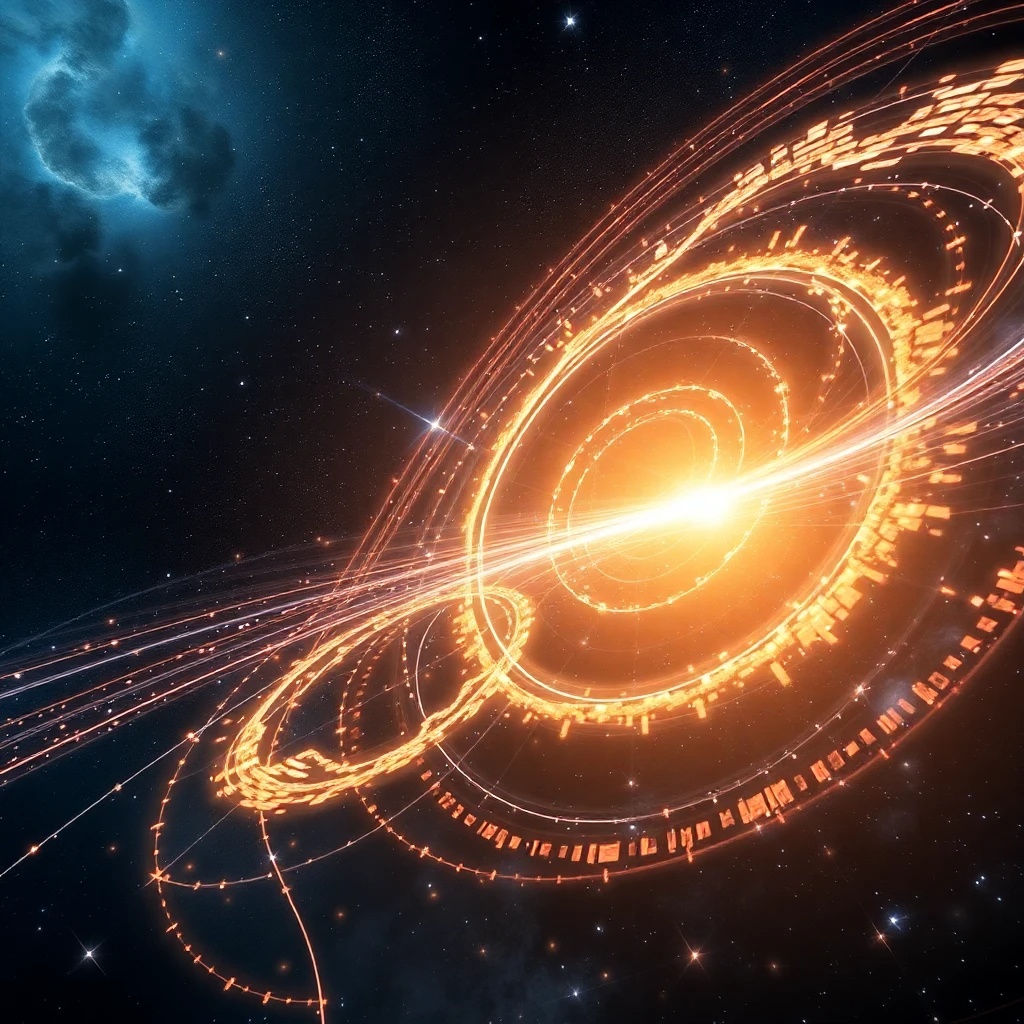 Una representación del universo primitivo con la velocidad de la luz representada como mucho más rápida que en el universo actual, mostrando cómo esto afecta la causalidad y la expansión del universo.