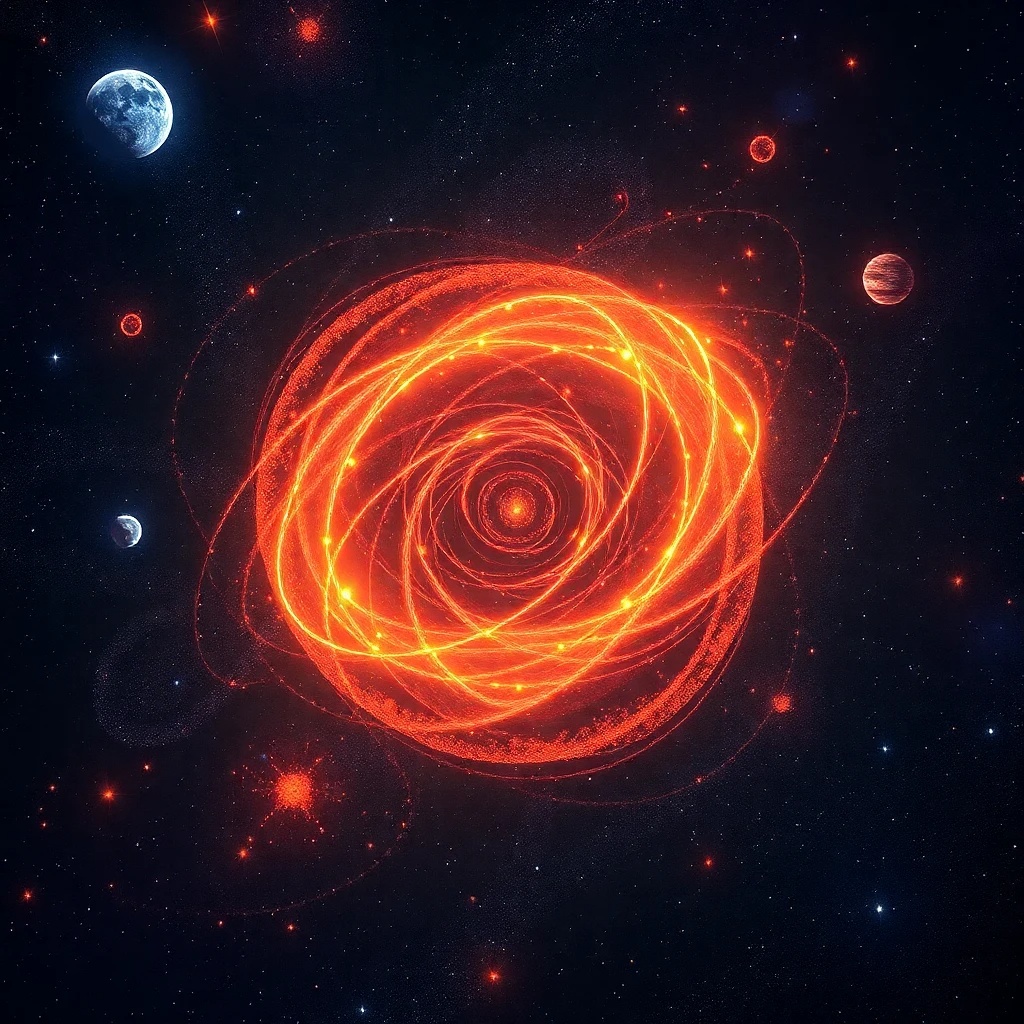 Una representación de la cosmología de estado estacionario, mostrando un universo estático con nueva materia creándose continuamente para mantener una densidad constante.