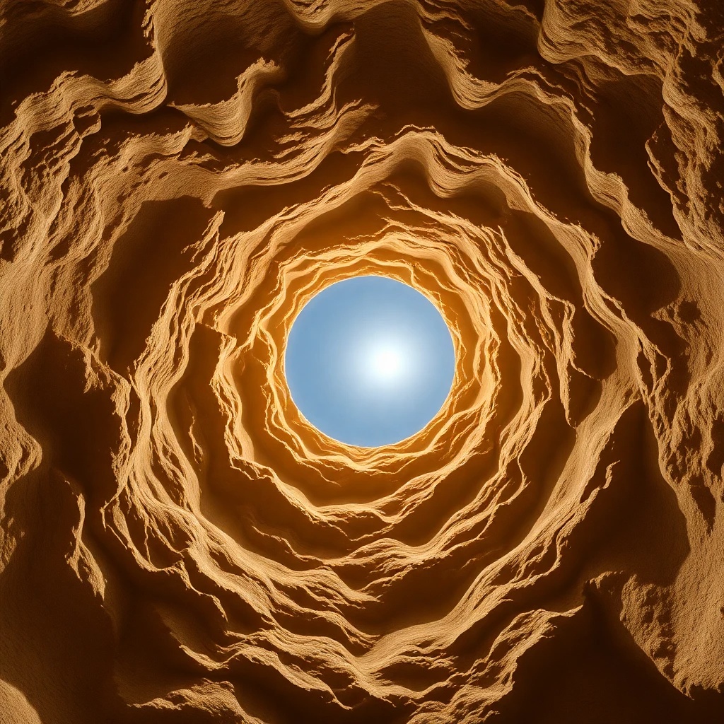 Una sección transversal de la Tierra, mostrando una cavidad hueca interior con posibles aberturas polares y un sol interior.
