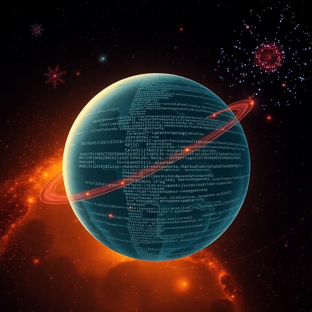 Una representación del universo como una simulación por computadora, con líneas de código superpuestas sobre estructuras cósmicas, ilustrando la idea de que nuestra realidad puede ser un programa.