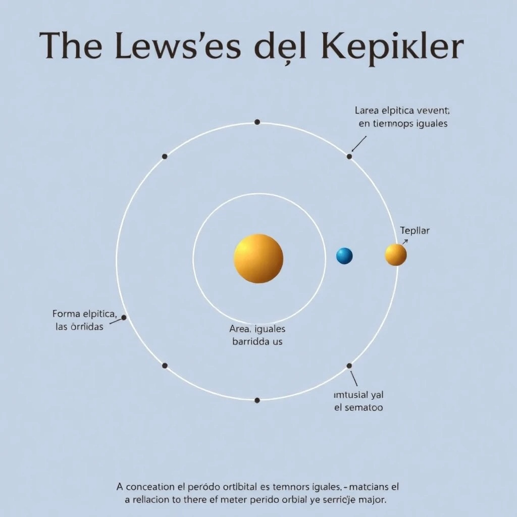 Una ilustración de las tres leyes de Kepler del movimiento planetario, mostrando la forma elíptica de las órbitas, el concepto de áreas iguales barridas en tiempos iguales y la relación entre el período orbital y el semieje mayor.