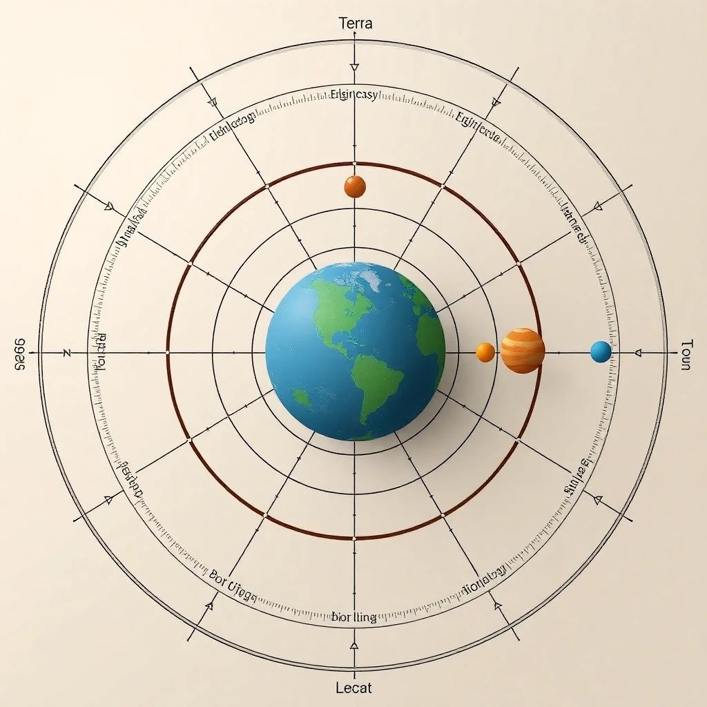 Un diagrama del modelo geocéntrico de Ptolomeo, mostrando la Tierra en el centro rodeada de epiciclos y deferentes para el Sol, la Luna y los planetas.