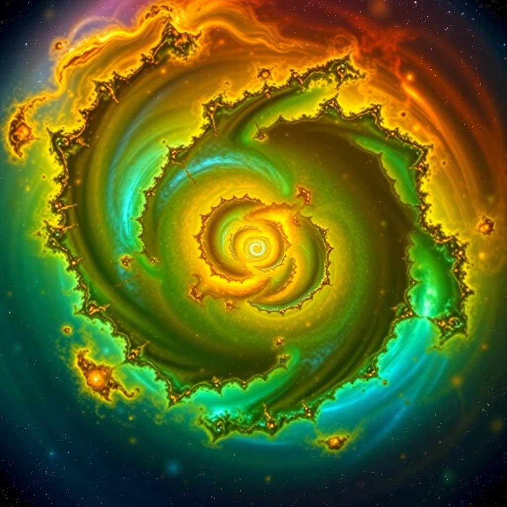Una representación visual de un patrón fractal superpuesto sobre una estructura cósmica, mostrando cómo los mismos patrones se pueden encontrar en diferentes escalas, desde galaxias hasta estructuras a gran escala.